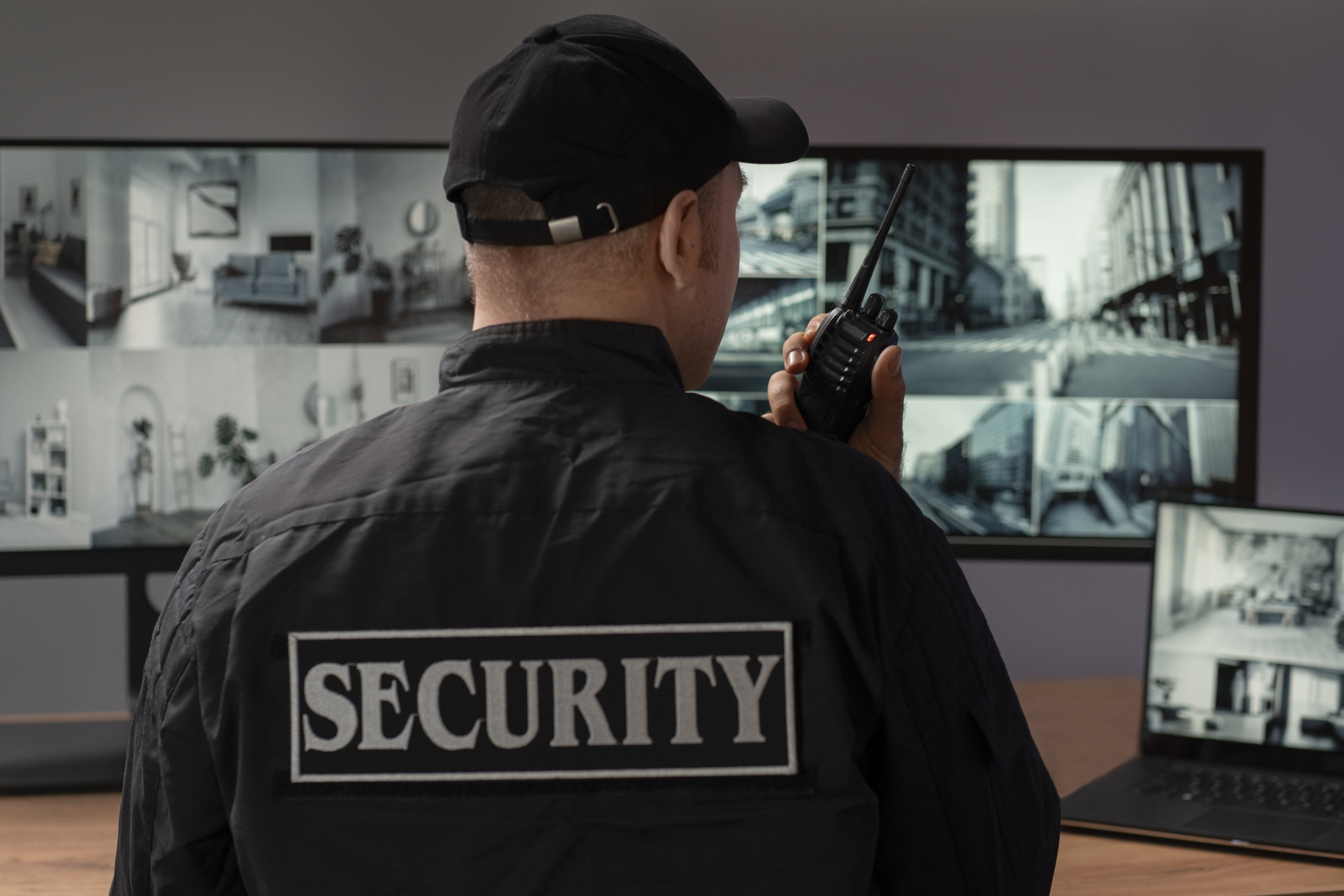 Portrait Male Security Guard With Radio Station Camera Screens